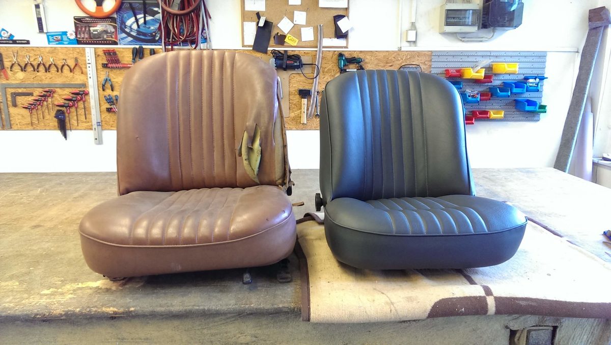 Asiento clásico desgastado y retapizado, fotos del mismo trabajo, antes